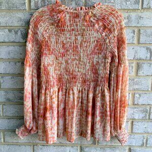 Rose & Olive Long Sleeve Ruffled Tie Neck Smocked Blouse Semi-Sheer Size S